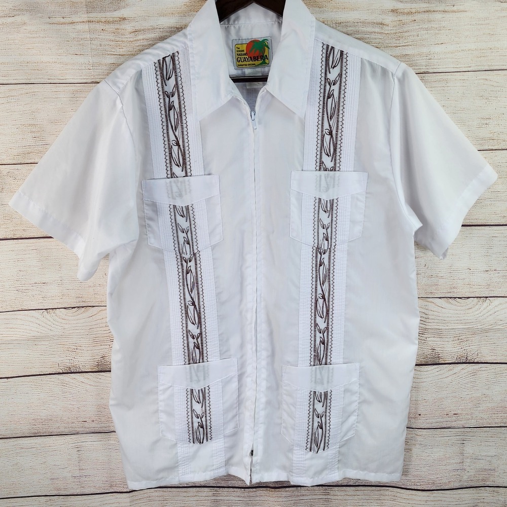 Haband Guayabera Zip Front Shirt Men's M White Embroidered Vacation Vintage